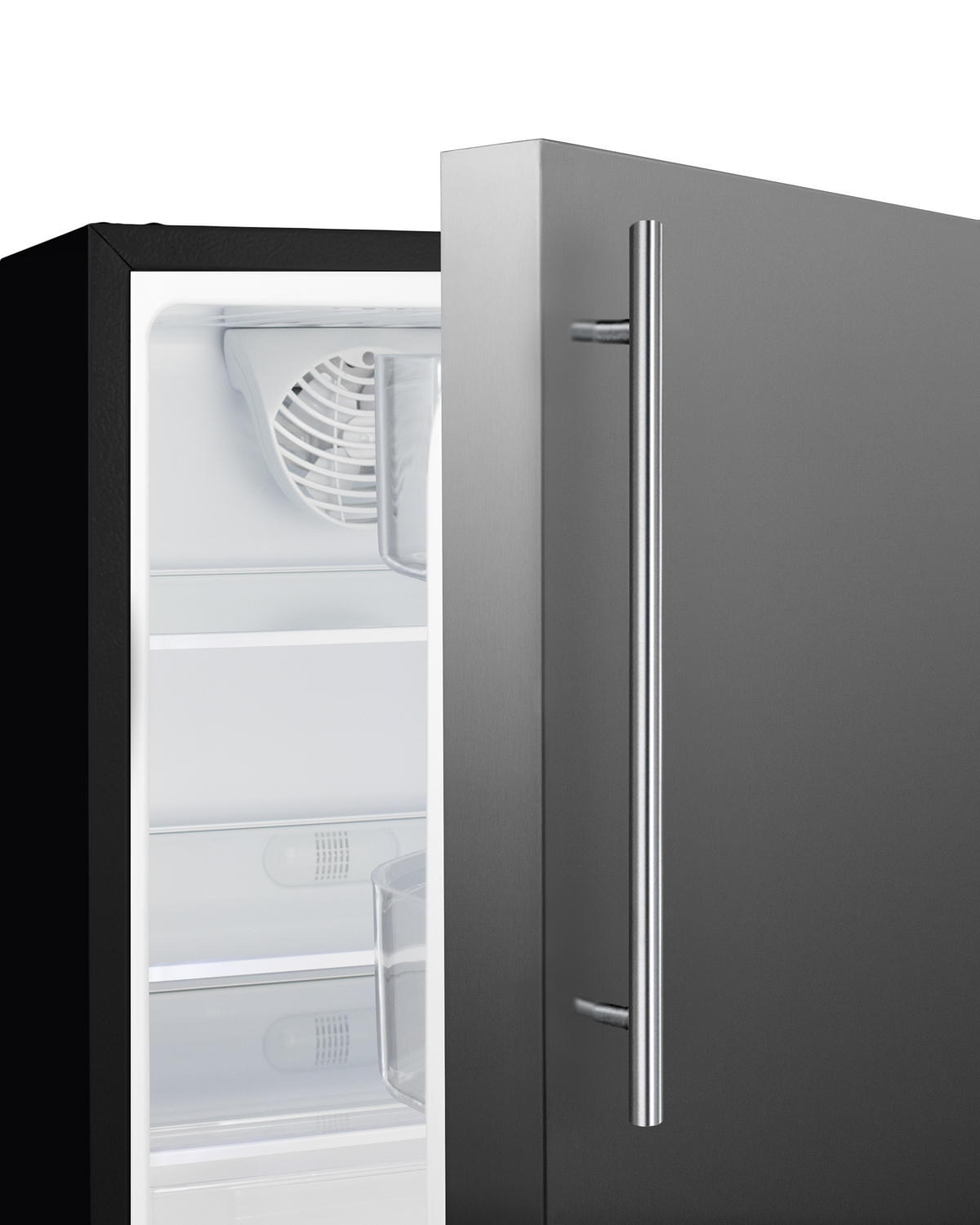 Built-in undercounter ADA compliant residential all-refrigerator with stainless steel door, black cabinet, and thin vertical handle, with door storage and automatic defrost operation